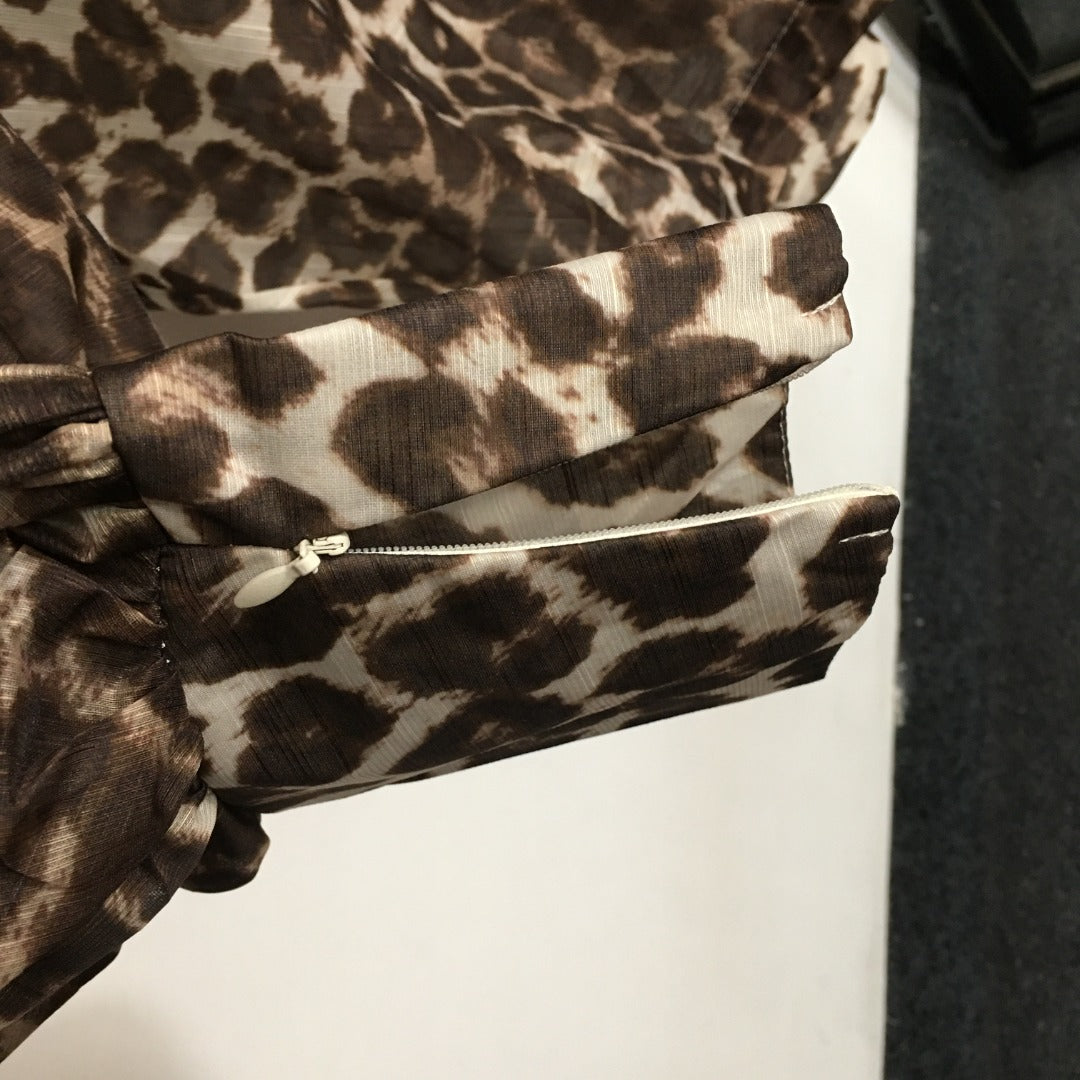 ZIM**** New Style Elegant Large Bow Tie Collar Leopard Print Lantern Long Sleeve Shirt Top, Coffee Color