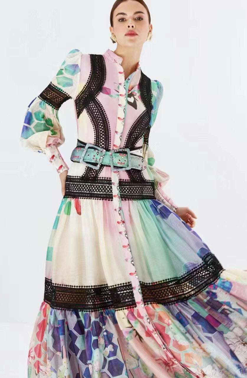 ZIM**** new color matching printed lace patchwork waist long sleeve dress, with belt, with suspender lining,