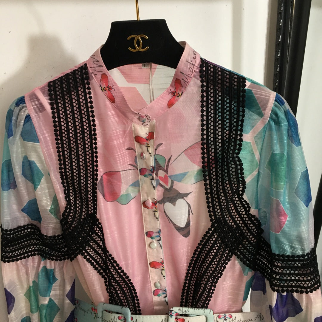 ZIM**** new color matching printed lace patchwork waist long sleeve dress, with belt, with suspender lining,