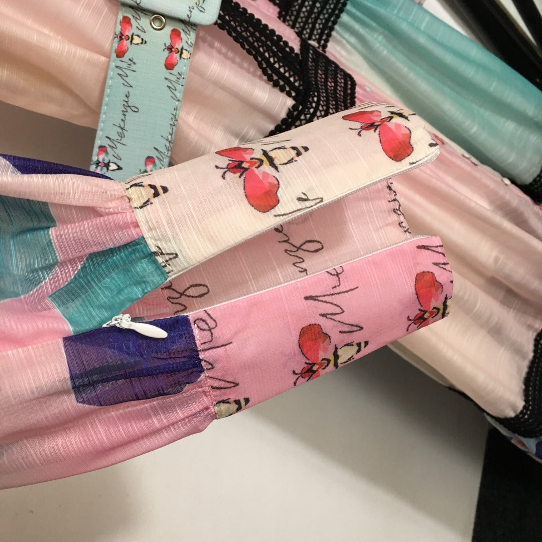 ZIM**** new color matching printed lace patchwork waist long sleeve dress, with belt, with suspender lining,