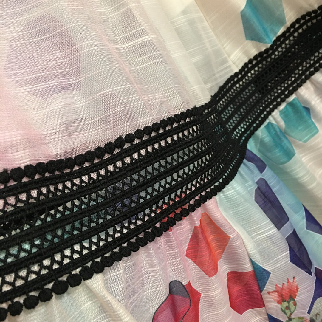 ZIM**** new color matching printed lace patchwork waist long sleeve dress, with belt, with suspender lining,