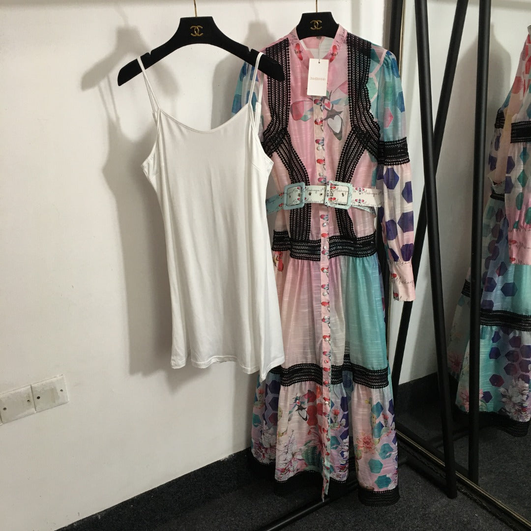 ZIM**** new color matching printed lace patchwork waist long sleeve dress, with belt, with suspender lining,
