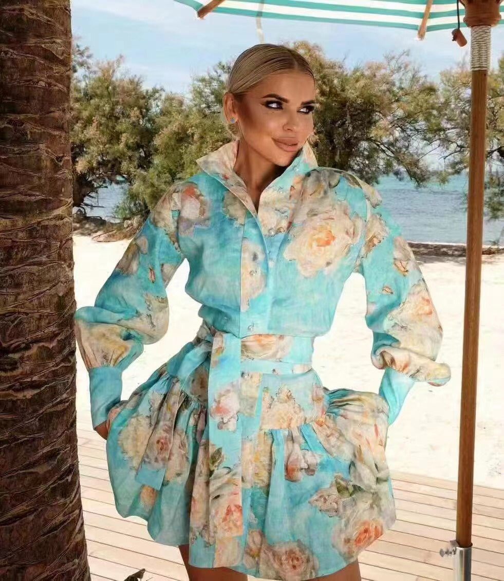 ZIM**** New Pearl Button Temperament Large Flower Print Lace-up Waist Long Sleeve Dress