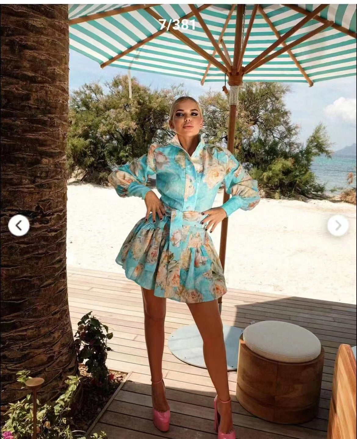 ZIM**** New Pearl Button Temperament Large Flower Print Lace-up Waist Long Sleeve Dress