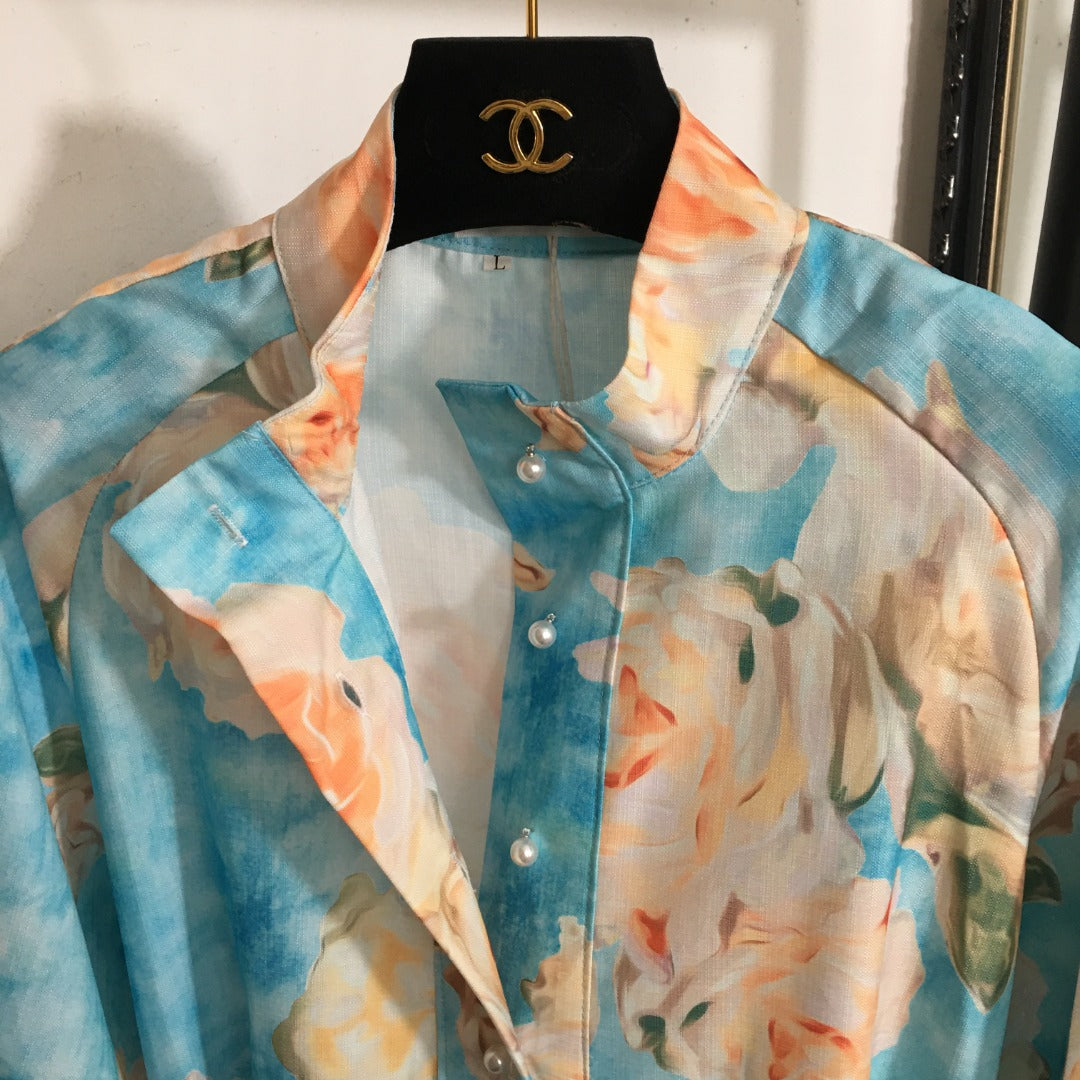 ZIM**** New Pearl Button Temperament Large Flower Print Lace-up Waist Long Sleeve Dress