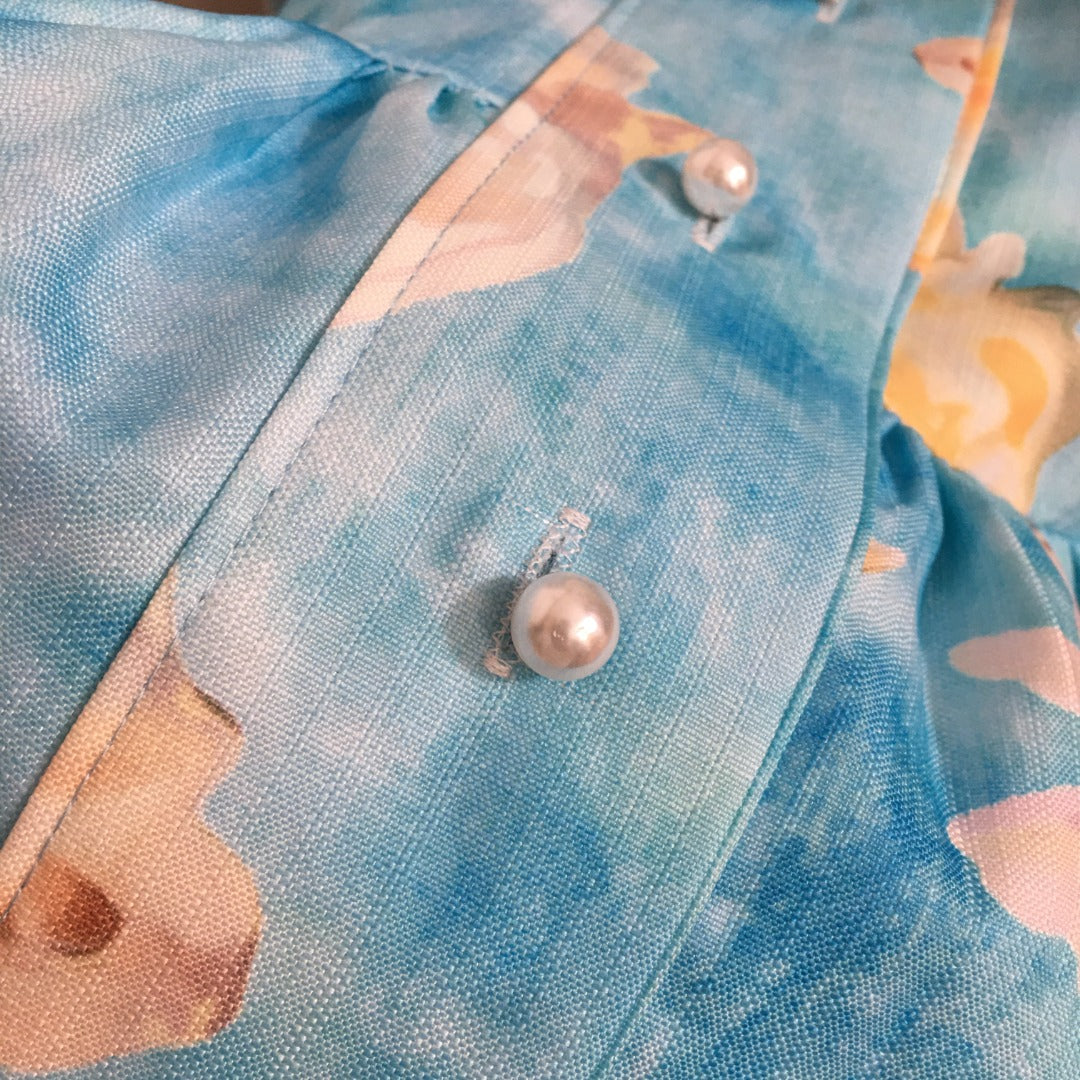 ZIM**** New Pearl Button Temperament Large Flower Print Lace-up Waist Long Sleeve Dress