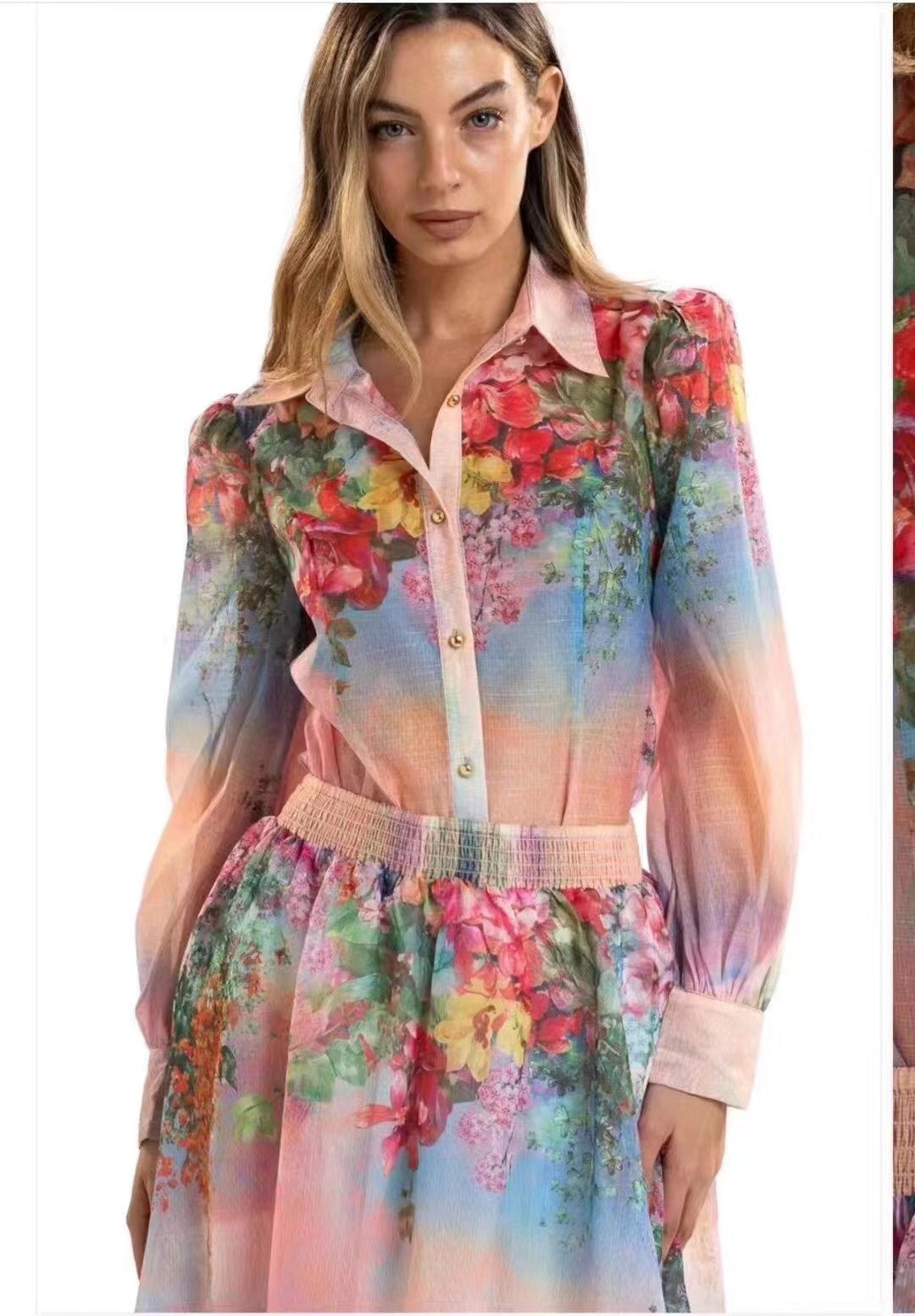 ZIM**** new suit, gradient floral print slim-fit long-sleeved shirt + high-waisted skirt, pink